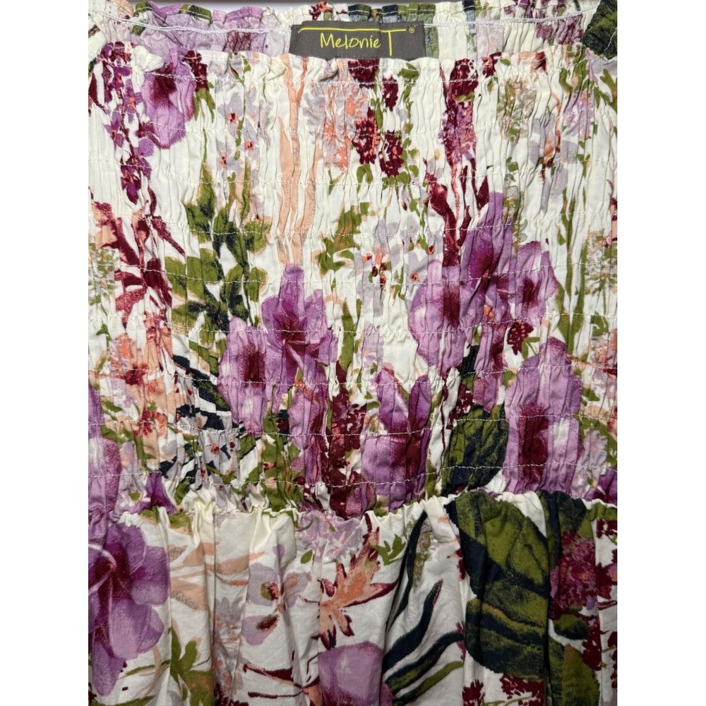 Melonie T Floral Smocked Mini Dress Purple Green Puff Sleeve Pockets Size 8 - Picture 5 of 8
